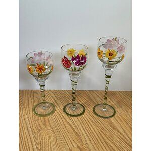 Terra Hand-Painted Tall Floral Hurricanes or Wine Glasses Set Of 3 Candle Holder